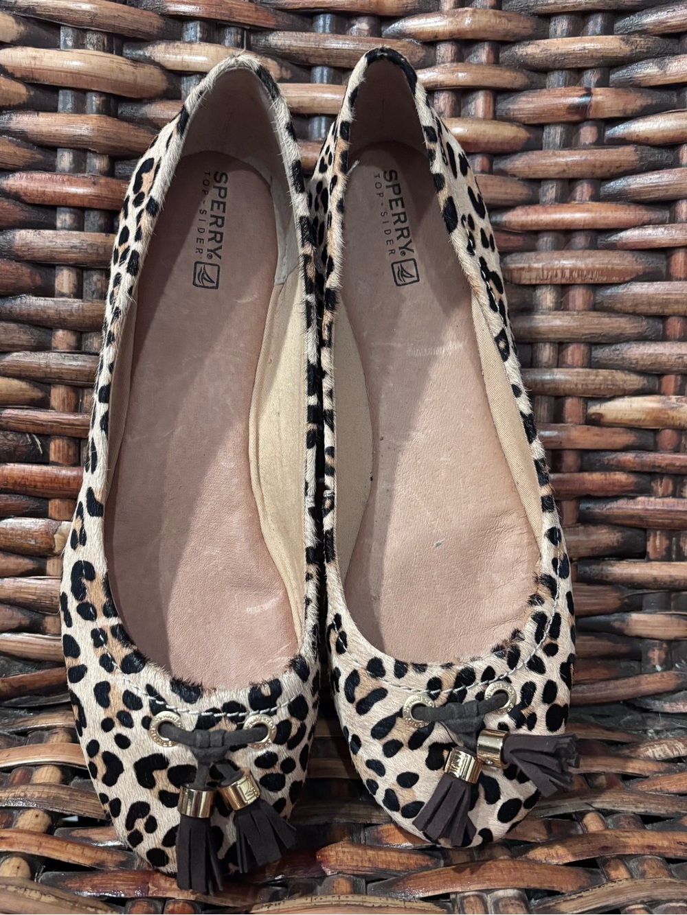Sperry Leopard Print Tassel Ballet Flats - Beige and Black